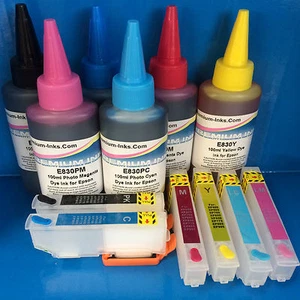 REUSABLE RECYCLABLE CARTRIDGES + 6X100ML INK FITS EPSON XP-760 XP-860 XP-960 24 - Picture 1 of 4