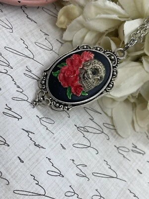 Slvr Calavera de Azúcar Gótico Rosa Corazón Boda Fiesta Joyería Cumpleaños Collar Camafeo Foto 1 de 4