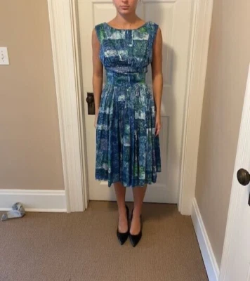 Vintage 1960s Blue Multicolored Sleeveless Midi Hostess Dress Size S - Image 1 of 4