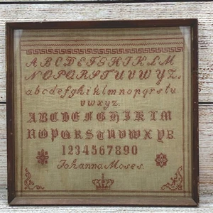 Antique Framed Needlepoint Sampler Johanna Moses Alphabet Numbers 13x13 - Picture 1 of 8
