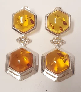 Amber Sterling Silver Hinged Dangle Earrings Hexagon 1.5" Long Posts 925 Honey - Picture 1 of 19