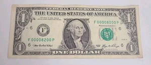 Low Serial Number Note 2006 $1 One Dollar Fancy 00008200 Trinary Bookend - Picture 1 of 2