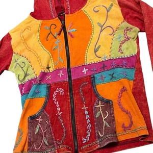 Vintage Style Patchwork Zip Hoodie XXL Embroidered Boho Festivalwear Nepal - Picture 1 of 8