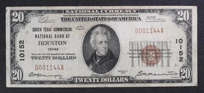 Ch. 10152 1929 Ty. I $20 South Texas Commercial National Bank of Houston, TX Foto 1 de 3