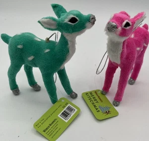 2 beflockte Hirsch Ornamente Neu mit Etikett - Bild 1 von 3