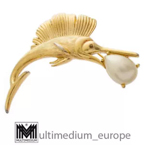 Trifari Schwertfisch Brosche vergoldet Faux Perle brooch gilt signed - Bild 1 von 5