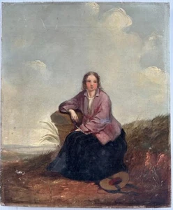 British School (19th C.) : Maiden in Coastal Landscape, unframed oil on canvas - Picture 1 of 2