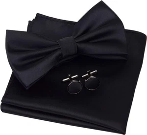 Mens Solid Color Double Fold Pre-Tied Bow Tie & Pocket Square Cufflink Set w Box - Picture 1 of 4