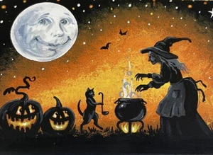 ACEO PRINT OF PAINTING RYTA HALLOWEEN BLACK CAT WITCH AUTUMN FOLK ART Salem 🍁 - Picture 1 of 1