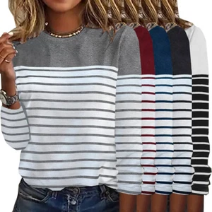 Women Tee Long Sleeve T Shirt Ladies Fashion Work Crew Neck Tops Striped Casual↖ - Picture 1 of 19