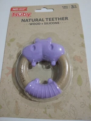 Nuby Natural Teether - Wood + Silicone - Cute Purple Hippo - BPA Free - 3m+ - Image 1 of 4