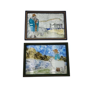 Paar Vintage umgekehrt bemalte Alufolie Schäfer grasende Schafe gerahmte Kunst religiös - Bild 1 von 9