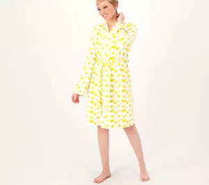 BumbleBella by Jill Martin Dreamy Jersey Spa Robe Yellow/Hearts S New - Picture 1 of 1