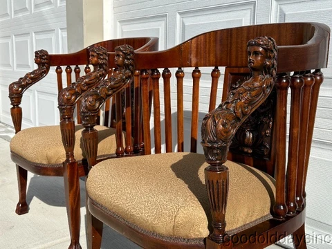 Pair of Antique Carved Angel Cherub Mahogany Side Chairs Cover