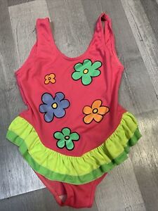 Girls Swimming Costume - Pink With Multi Colour Flowery Pattern Age 3/4