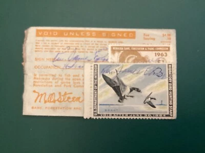 ICOLLECTZONE US RW30 Duck stamp 1963 & Nebraska Hunting stamp on license bright - Image 1 of 2