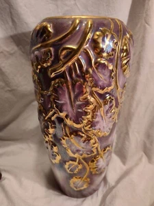 Antique Art Nouveau Vase 12" Hand Painted Embossed Leaves Purple 22k Gold - Picture 1 of 18