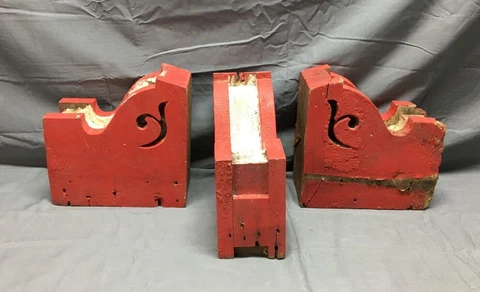 Antique Set Of 3 Wood Corbel Porch Brackets Shabby Red & White VTG Chic 851-22B Cover