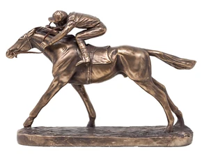 Flat Horse Racing Sculpture With Jockey Made From Resin With Bronze Finish NEW - Picture 1 of 5