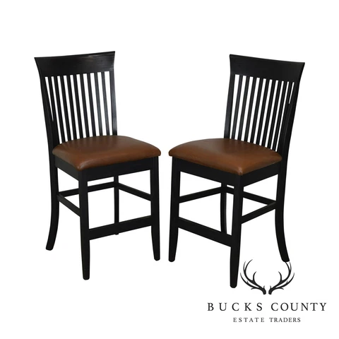 F & N Woodworking Pair Black Bar Stools with Brown Leather Seats Cover