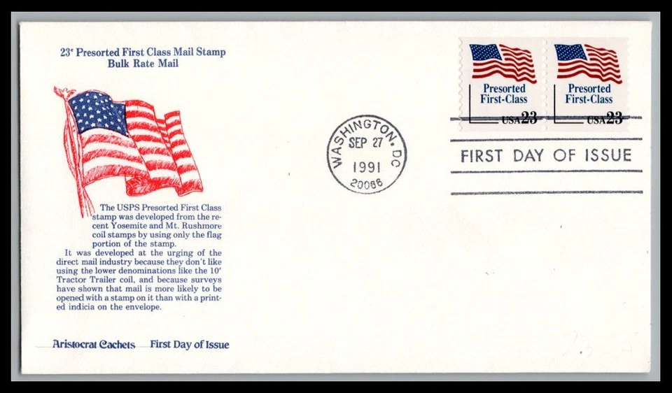 US FDC # 2605 23c American Flag, Presort  Aristocrats pair  1991, 9p2761 - Image 1 of 1
