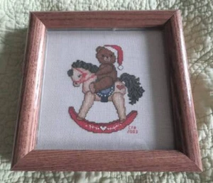 FRAMED Completed ROCKING HORSE Teddy Christmas Cross Stitch PICTURE Santa Bear - Picture 1 of 4