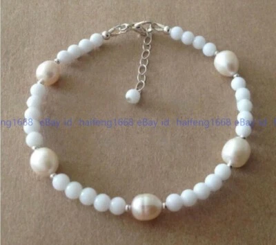 Fein 4mm Natürliche Rund Weiß Jade Edelsteine &Süßwasser Reis Perle Armband 7.5" - Bild 1 von 4