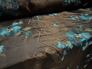 Taffeta Faux Silk Fabric, Per Metre - Embroidered Flowers Dark Brown & Turquoise - Picture 1 of 3