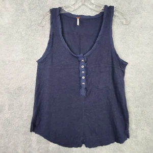Free People Linen Tank Top Size XS Blue Scoop Neck Button Up Lightweight Pocket - Picture 1 of 18