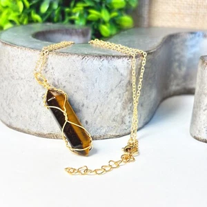 Natural Tiger Eye Crystal Point Necklace – Raw Gemstone Pendant – Wire Wrapped - Picture 1 of 20