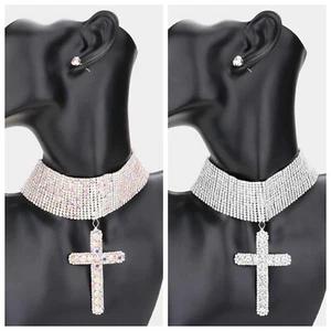 Strass Chocker Kreuz silberfarben oder AB Anhänger Choker Halskette mit Ohrringen - Bild 1 von 4