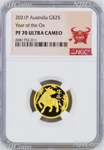 2021 P Australia PROOF GOLD $25 Lunar Year of the Ox NGC PF70 1/4 oz Coin - Picture 1 of 4