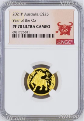 2021 P Australia PROOF GOLD $25 Lunar Year of the Ox NGC PF70 1/4 oz Coin - Image 1 of 4