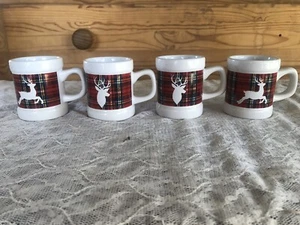 4 Pcs New W/o box Galerie Espresso Cups Demitasse christmas reindeer Plaid Red - Picture 1 of 10