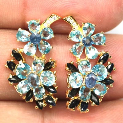 925 Sterling Silver Sky Blue Topaz, Sapphire & Zircon Earrings 18K Gold Plated - Image 1 of 4