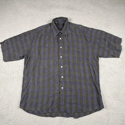 Gitman Bros Shirt Mens Large Blue Green Linen Slub Plaid Short Sleeve Breathable - Image 1 of 4