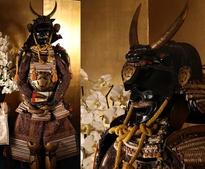 Japanese Samurai Iron Armor Yoroi 64.5inch Shishi-Gami Maedate Karahana Crest - Image 1 of 4