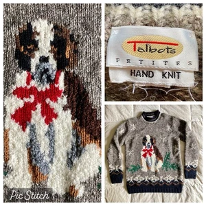 Vtg Talbots Hand Knit Wool Silk Sweater St Bernard Dog Winter Women Petite M EUC - Picture 1 of 14
