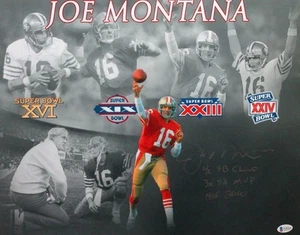 Foto autografiada de Joe Montana de los 49ers 16x20 SB gana con 3 piezas - Beckett Wit *plateada - Imagen 1 de 7