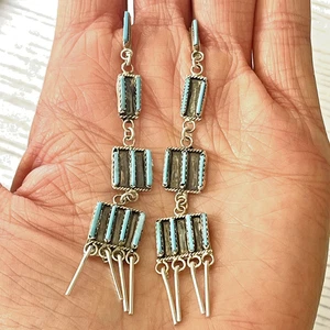 Zuni Needlepoint Chandelier Earrings 3in Long Turquoise Sterling Sleeping Beauty - Picture 1 of 7