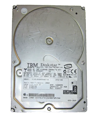 Genuine 60GB IBM IC35L060AVVA07-0 Apple P/N: 655-1028 3.5'' ATA/IDE Hard Drive - Image 1 of 4