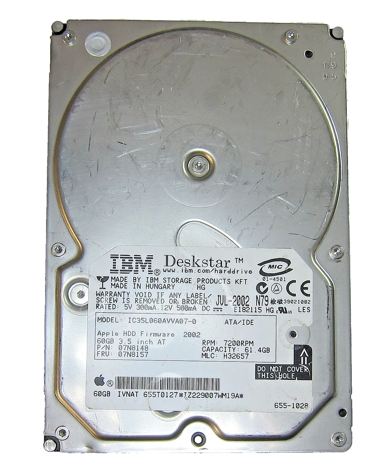 Genuine 60GB IBM IC35L060AVVA07-0 Apple P/N: 655-1028 3.5'' ATA/IDE Hard Drive - Image 1 of 4