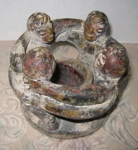 Vintage Circle of Friends Candle Holder Rustic Folk Art Clay Pottery Tribal  - Picture 1 of 6