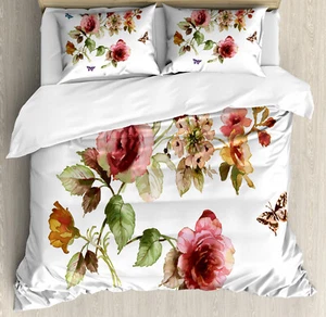 Flower Duvet Cover Set with Pillow Shams Shabby Chic Roses Buds Print - Picture 1 of 8