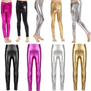 Shiny Metallic Pants Kid Girls Stretchy Leggings Jeggings for Party Dance Casual - Picture 1 of 28