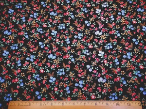 Quilt Fabric 1 2/3 Yard Orange Blue Gold Green Floral on Black Cotton Vtg #C - Picture 1 of 2