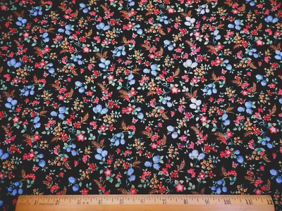 Quilt Fabric 1 2/3 Yard Orange Blue Gold Green Floral on Black Cotton Vtg #C - Image 1 of 2