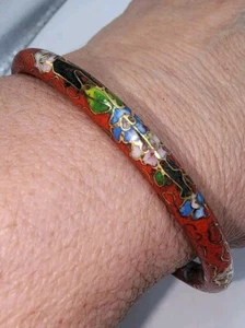 Vintage Red Floral & Gold Lined Cloisonne Bangle Bracelet 2.5" Diameter  - Picture 1 of 8