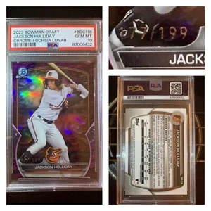 2023 BOWMAN DRAFT CHROME-FUCHSIA LUNAR  JACKSON HOLLIDAY /199 PSA 10 Rookie - Picture 1 of 5