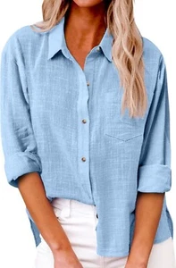 Mujeres Algodón Lino Camisas Abotonadas Otoño Informales Sueltas - AZUL - MEDIANO - Imagen 1 de 8